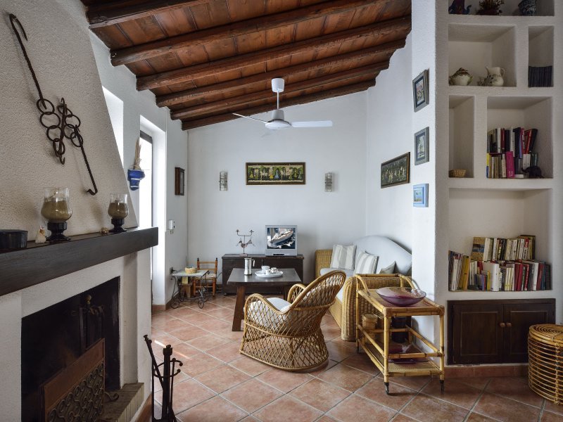 Wohnbereich mit Sofaecke, Kamin und Bücherregal Wohnbereich mit Sofaecke, Kamin und Bücherregal