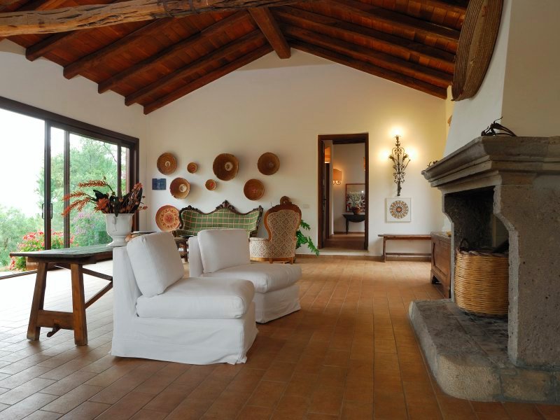 Wohnzimmer mit Kamin, Panoramafenster und Sitzgelegenheiten Wohnzimmer mit Kamin, Panoramafenster und Sitzgelegenheiten